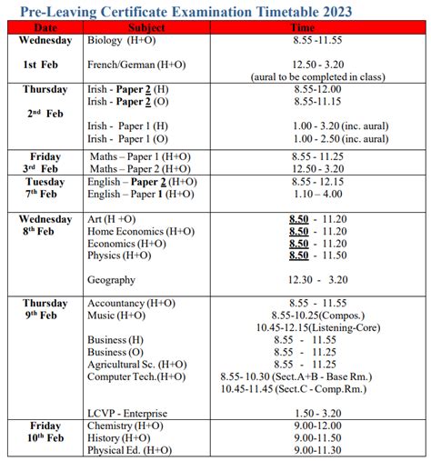 Pre Leaving Certificate Exam Timetable 2023 — Sacred Heart Secondary School