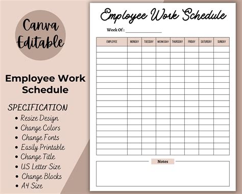 Employee Work Schedule Printable Employee Time Sheet - Etsy