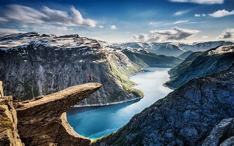 HD wallpaper: mountains, fjord, snow, landscape, cliff, Norway, morning ...