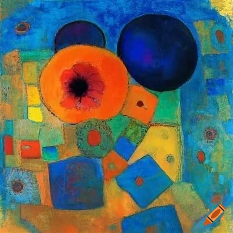 Blue squares abstract art with poppies