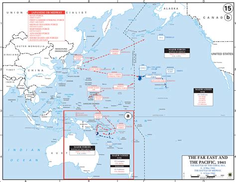 Map of the Battle of the Coral Sea and the Battle of Midway 1942