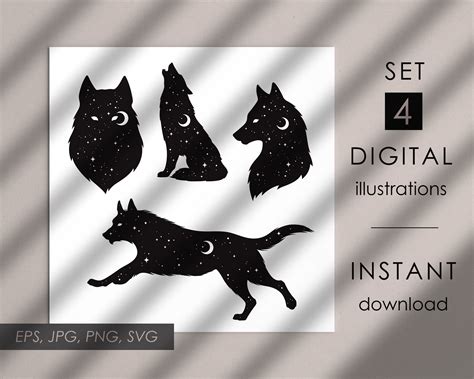 Silhouettes of Wolves With Crescent Moon and Stars Digital - Etsy