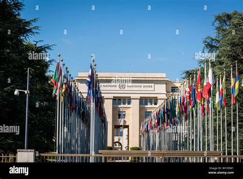 United Nations Member States' flags raised at the Palais des Nations ...