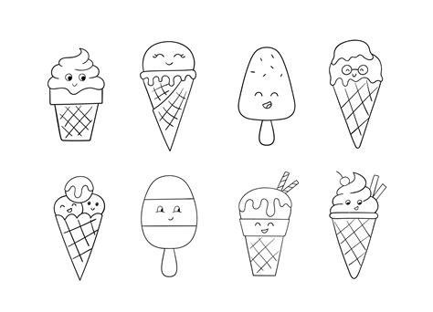 Cute ice cream characters set. Doodle sketch. Linear illustration ...