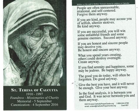 Mother Teresa Do It Anyway Prayer Card - Printable Cards