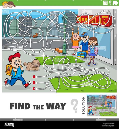 Cartoon illustration of find the way maze puzzle game with children pupils characters in the ...