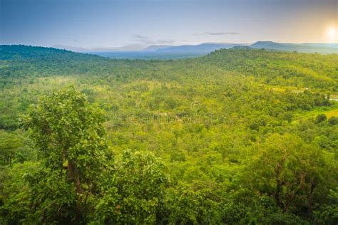 Peaceful Landscape of Green Forest and Sunrise or Sunset Over Mo Stock ...