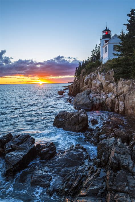 America's Great Outdoors, Bass Harbor Head Lighthouse at Sunset in Acadia...