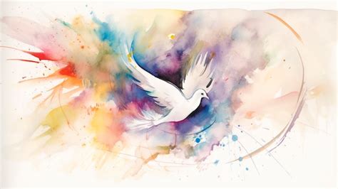 A abstract watercolor painting of a white dove of peace with wings ...