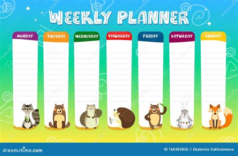 Kids Weekly Planner with Cute Cartoon Animals Characters. Schedule for Elementary School. Kids ...