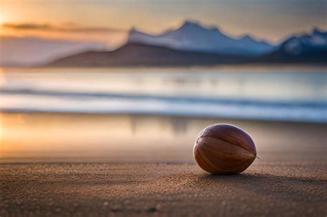 Premium AI Image | a wooden bowling ball on the beach with a sunset in the background