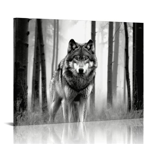 Nawypu Modern Wolf Canvas Wall Art - Wild Black White Animals Picture ...