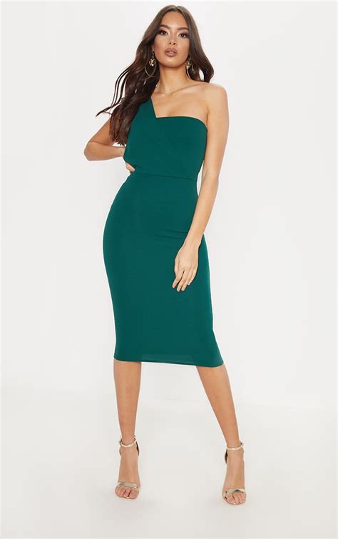 Emerald Green One Shoulder Midi Dress | PrettyLittleThing USA