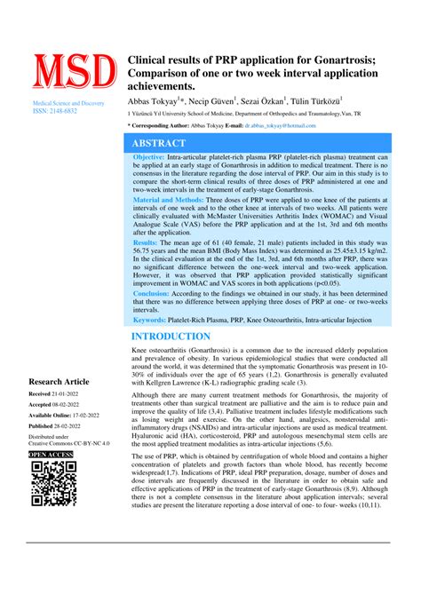 (PDF) Clinical results of PRP application for Gonartrosis; Comparison of one or two week ...