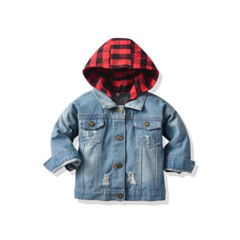 Wholesale Kid Boy Plaid Hoodie Denim Jacket Little Boys