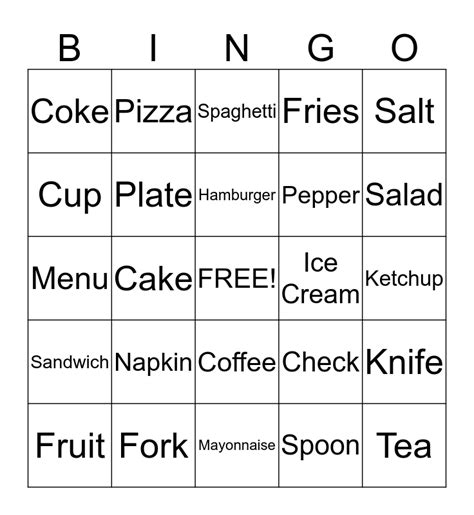 Restaurant Bingo Card