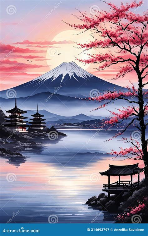 Mount Fuji Majestically Rising in Background, Framed by Delicate Cherry Blossoms in Full Bloom ...