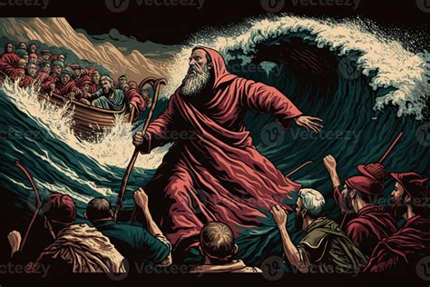 Illustration of the Exodus of the bible, Moses crossing the Red Sea ...