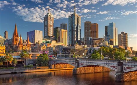 Download wallpapers Melbourne, Sunset, skyscrapers, Princes Bridge, Yarra River, Australia for ...