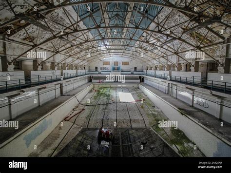 Full Shot of Abandoned Indoor Swimming Pool with Graffiti, Vandalism ...