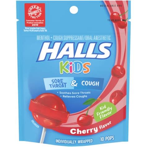 HALLS Kids Cherry Flavor Sore Throat & Cough Suppressant Menthol Pops ...