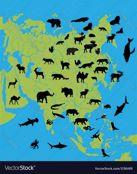 Animals on the map of Asia Royalty Free Vector Image