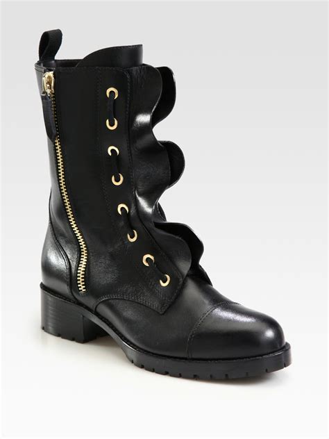 Lyst - Valentino Ruffled Leather Motorcycle Boots in Black