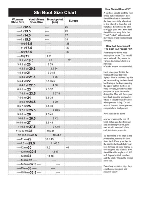 Ski Boot Size Chart printable pdf download