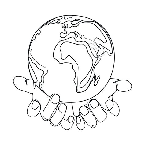 Hands holding Earth globe line drawing.Vector illustration isolated on white background.Earth ...