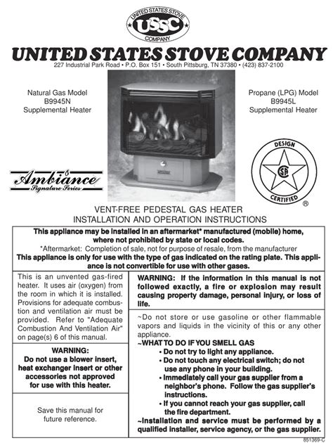 UNITED STATES STOVE B9945N INSTALLATION AND OPERATION INSTRUCTIONS MANUAL Pdf Download | ManualsLib