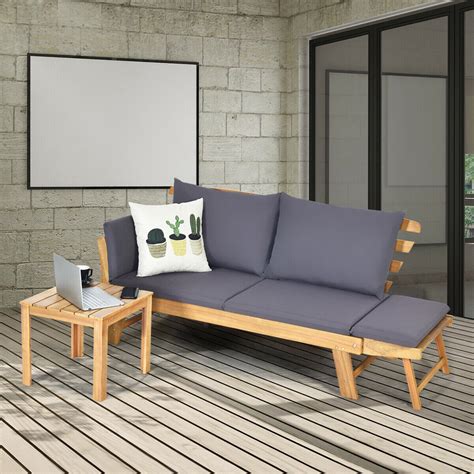 Gymax Adjustable Patio Sofa Daybed Acacia Wood Furniture with Cushion Pillow - Walmart.com