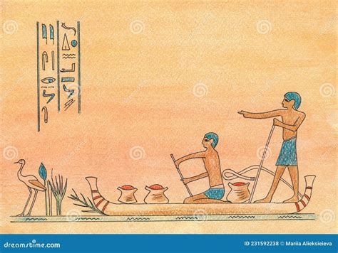 Egyptians on a Boat, Drawing of Egyptian Fishermen on a Boat, Images of Symbols. Stock ...