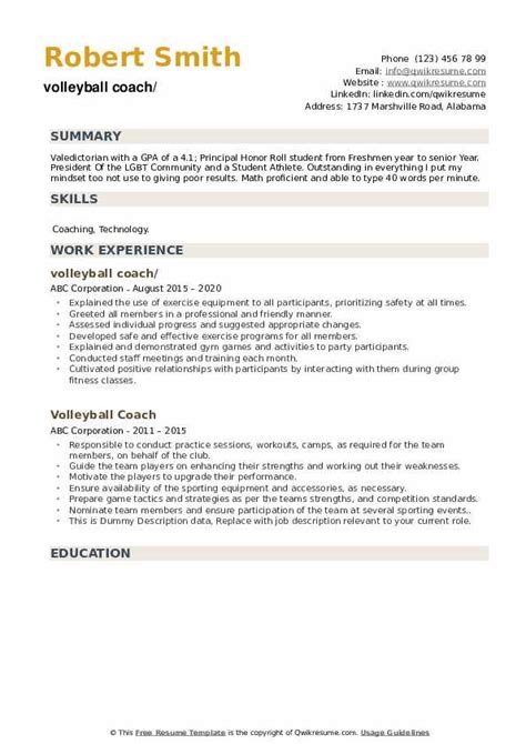 Volleyball Coach Resume Samples | QwikResume