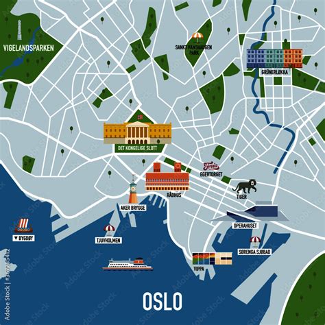 A vector city map of Oslo Norway with famous landmarks and tourist attractions Stock Vector ...