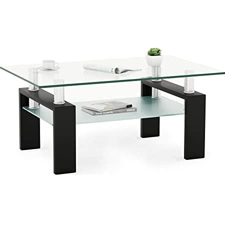 Amazon.com: Mecor Rectangle Glass Coffee Table-White Modern Side Coffee Table with Lower Shelf ...