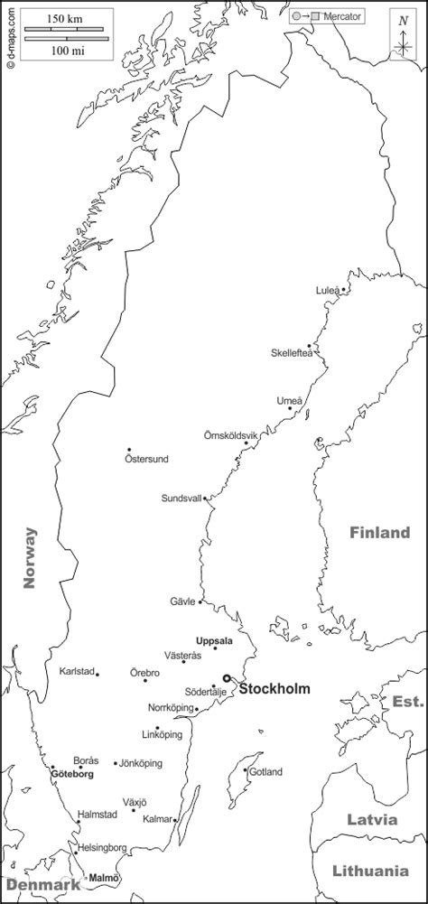 Sweden free map, free blank map, free outline map, free base map boundaries, main cities, names ...