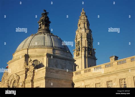 The clock tower and dome of cardiff City Hall city centre Cardiff Glamorgan South Wales UK GB EU ...