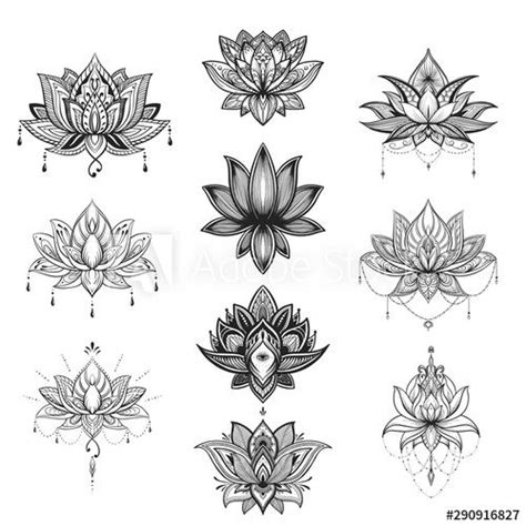 Filigree lotus flower set, vector handdrawn illustration | Lotus flower ...