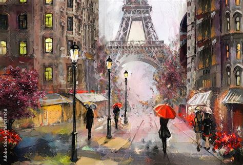 oil painting on canvas, street view of Paris. Artwork. eiffel tower ...