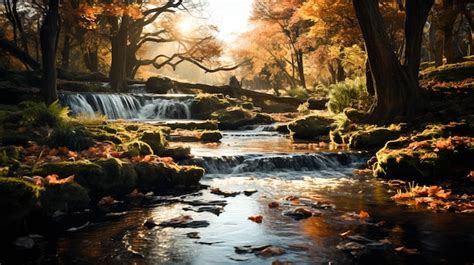 Premium AI Image | Autumn waterfalls in park with colorful foliage Autumn waterfalls