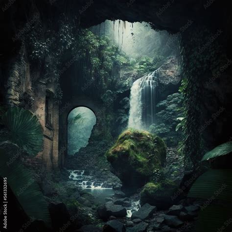 a cave with a waterfall and a cave entrance with a waterfall in the ...