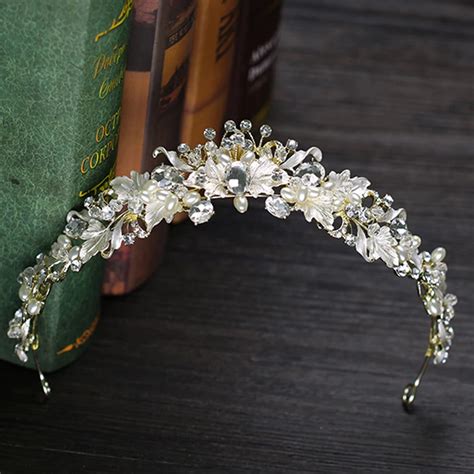 Rhinestone Pearl Flower Wedding Bridal Crowns For Women Gold Tiara Headband Crystal Diadem Crown ...