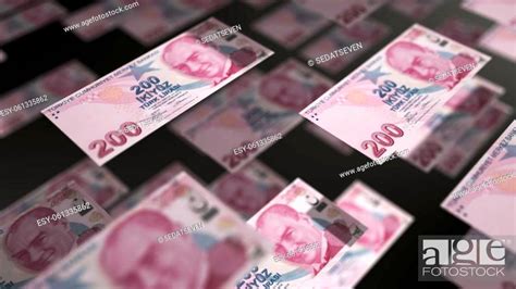 Turkish currency lira banknotes flying regularly in the air financial economy background concept ...