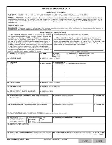 DD Form 93, Record of Emergency Data, August 1998