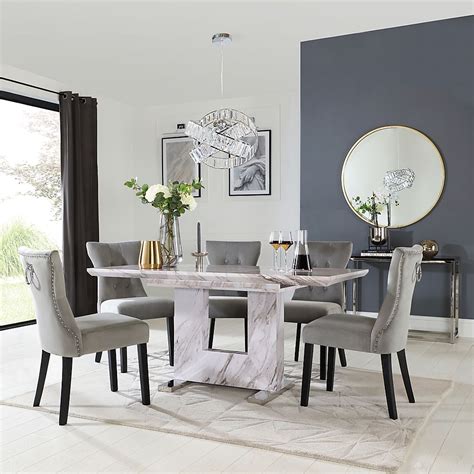 Florence Extending Dining Table & 6 Kensington Chairs, Grey Marble Effect, Grey Classic Velvet ...