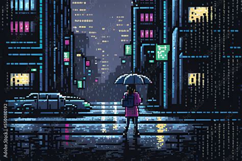 Pixel Rain. Pixelart Scene of a Women with an Umbrella in a Rainy Cyberpunk Cityscape. [Digital ...