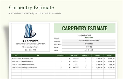 Carpentry Estimate Template in Excel, Google Sheets - Download ...