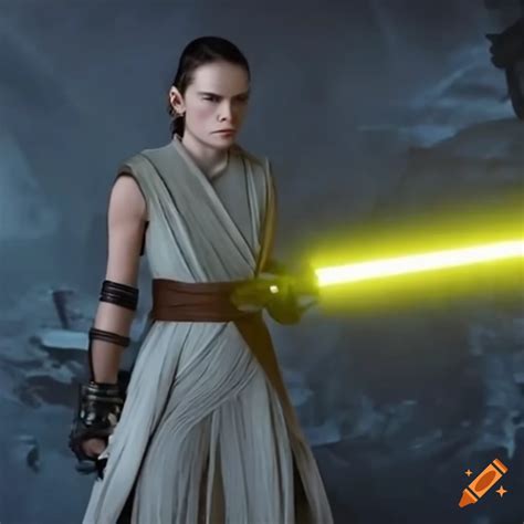 Rey skywalker holding a yellow lightsaber next to a crashed spaceship on Craiyon