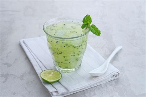 Es Timun Serut, a typical Indonesian drink made from shaved cucumber with syrup, lime and basil ...