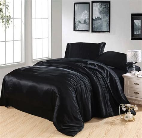 Black Silk bedding set Satin Super king size queen full twin double quilt duvet cover fitted bed ...